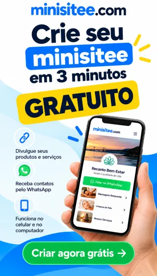 minisitee.com: crie seu minisitee gratuito em 3 minutos. Divulgue seus produtos e serviços, receba contatos pelo WhatsApp e funcione no celular e no computador. Criar agora grátis.